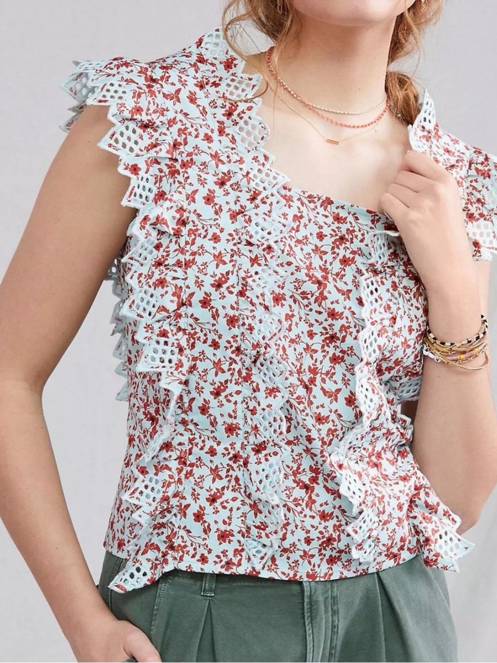NWOT Anthropologie Blue Tassel Trina Open Back Blue/Red Bow Floral Blouse S